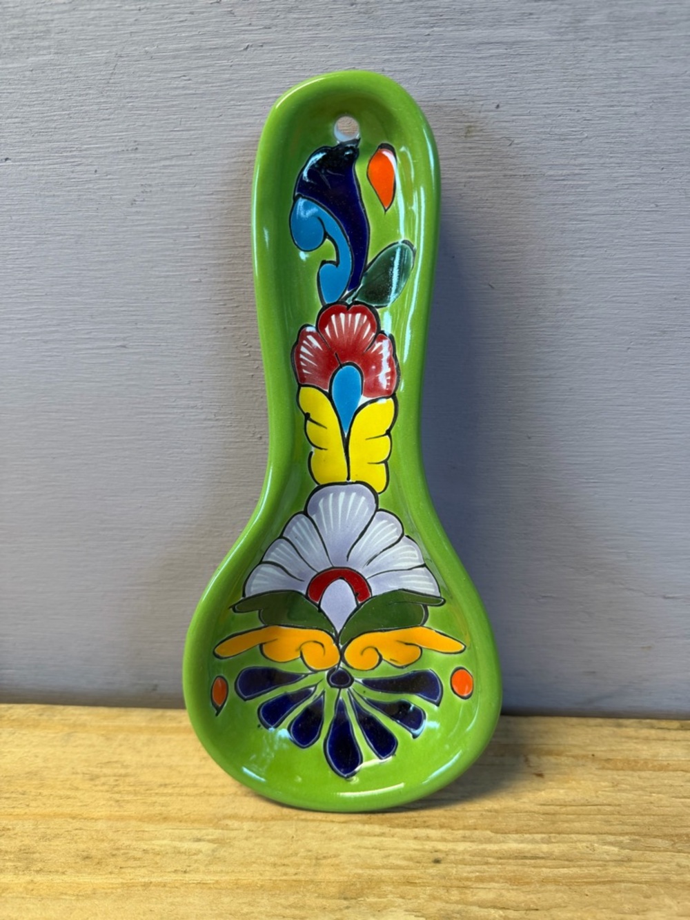 Hand-Painted Talavera Spoon Rest in Bright Lime Green